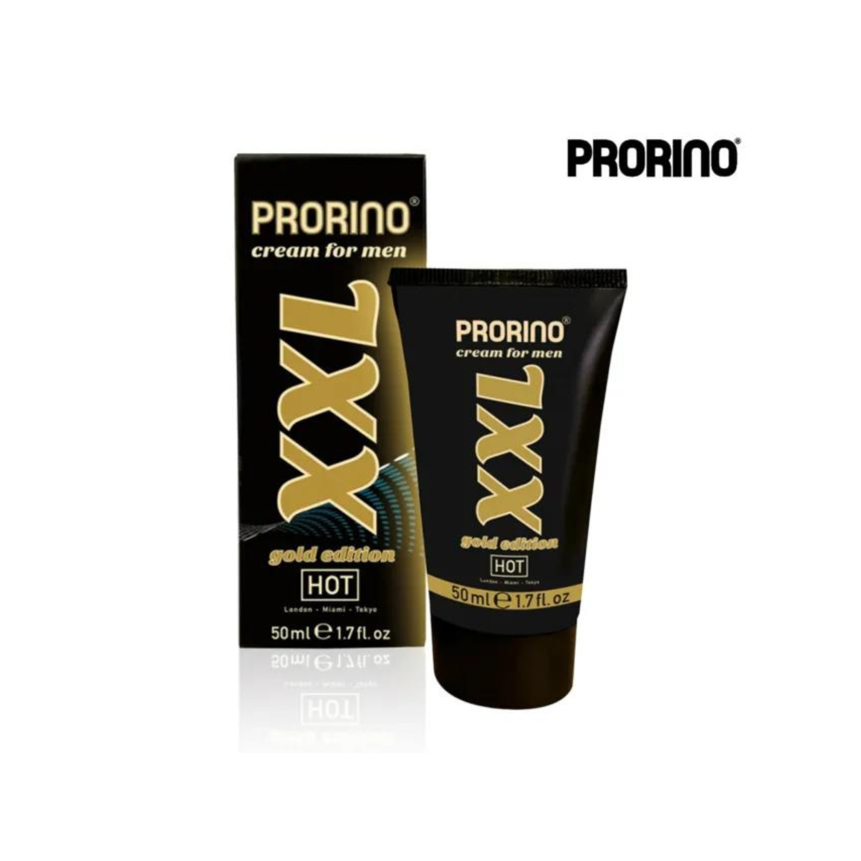 PENĮ DIDINANTIS KREMAS “HOT PRORINO XXL GOLD EDITION” - 50 ML  
“HOT Prorino XXL Gold Edition” - kremas sukurtas  vyrams, kurie nori daugiau . 
Šis kremas išsiskiria suteikiamomis savybėmis -  dėka taurinu ir augaliniais aliejais praturtintos sudėties, kremas gali: 
Suaktyvinti kraujotaką; 
Stimuliuoti; 
Pagerinti erekciją; 
Sustiprinti troškimo pojūtį; 
Suteikti intensyvesnę kulminaciją; 
Padidinti varpos apimtis. 
O jeigu kremą naudosite ilgą laiką, varpa gali tapti storesnė ir didesnė ilgam laikui,  dėka unikalaus prasiskverbiančio produkto poveikio . 
Kaip naudoti?  
Užtepkite šiek tiek kremo ant varpos ir švelniai įmasažuokite.