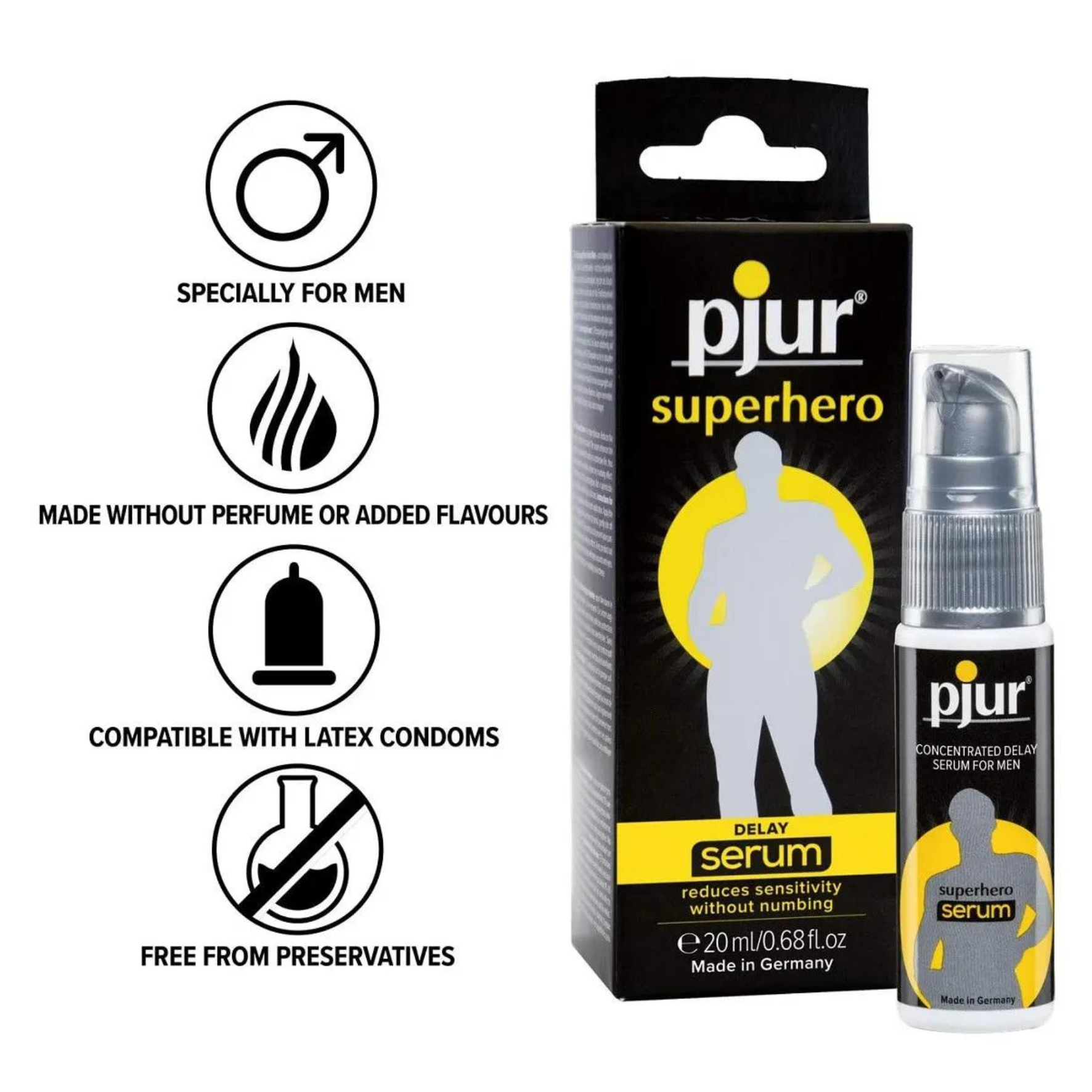 EJAKULIACIJĄ ATITOLINANTIS SERUMAS “PJUR SUPERHERO DELAY SERUM” - 20 ML  
“Pjur Superhero Delay Serum” - vyrams, kurie nori patys nuspręsti sekso baigtį. 
Tai  išskirtinis, novatoriškas ir koncentruotas serumas , pasižymintis unikalia savybe -  ant varpos jis sudaro nematomą apsauginę plėvelę , kuri gali sumažinti jautrumą, nesukeliant visiškos nejautros ir paliekant tik malonius sekso teikiamus pojūčius. 
Dėka inovatyvaus serumo sukuriamos plėvelės, produktas  gali padėti išvengti priešlaikinės ejakuliacijos . 
Kaip naudoti?  
Vieną ar du kartus užpurkškite ant varpos galvutės. Po 15-20 sekundžių lengvai nuplaukite (nevalykite), kad serumas nesukeltų tokio pat poveikio jūsų partneriui.  
Prieš naudodami užtepkite gaminį ant dilbio, kad patikrintumėte, ar nėra galimų ar žinomų alerginių reakcijų. Nenaudokite, jei pasireiškė alerginė reakcija. 
Serumą galima naudoti kiekvieną dieną.  
Jis suderinamas su latekso prezervatyvais.  
Serumas išlieka ant odos paviršiaus ir neįsigeria. Jei norite nuplauti produktą, tinka švelnus muilas ir vanduo. 
 