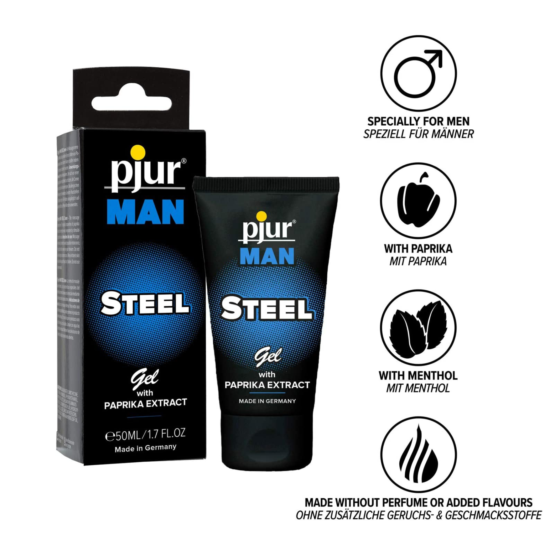 EREKCIJĄ STIPRINANTIS GELIS “PJUR MAN STEEL GEL” - 50 ML  
“Pjur Man Steel Gel” -  “plieno kietumo” erekciją  suteikiantis unikalus gelis. 
Šis  kraujotaką bei erekciją stiprinantis  gelis išsiskiria savo turtinga sudėtimi, į kurią įeina  paprikos ekstrakto ir mentolio ingredientai , pasižymintys regeneruojamuoju ir gaivinamuoju poveikiu. 
Taip pat intensyviai įmasažavus į odą, šis gelis  gali turėti ir jauninamąjį poveikį.   
Kaip naudoti?  
Tepkite varpą prieš pat lytinius santykius ir intensyviai įmasažuokite į odą.  
Prieš naudodami užtepkite kremo ant dilbio, kad patikrintumėte, ar nėra galimos alerginės reakcijos. Nenaudokite, jei pasireiškė alerginė reakcija.