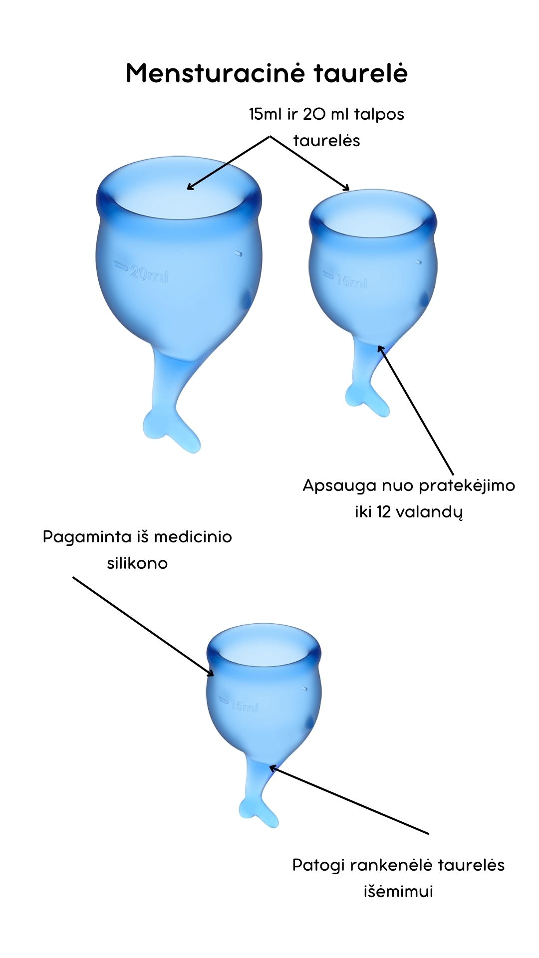 Menstruacinės taurelės Feel Secure - Dark blue 
Tamsiai mėlynos spalvos menstruacinės taurelės „Feel Secure“ iš „Satisfyer“ yra puiki, ekologiška ir ekonomiška alternatyva tamponams ar higieniniams įklotams. 
Rinkinyje yra dvi skirtingo tūrio, iš medicininio ir kūnui saugaus silikono pagamintos taurelės, kurias paprasta įsidėti. 
Šios higieniškos, medicininės silikoninės ir lengvai įdedamos menstruacinės taurelės, pasižyminčios žaismingu dizainu, susideda iš dviejų dalių. 15 ml  ir 20 ml talpos, todėl tinka lengvesnėms ir sunkesnėms dienoms. 
Žuvelės formos uodegėlė skirta tam, kad taurelę būtų patogu ištraukti. 
Menstruacijų pradžioje galite rinktis 20 ml talpos taurelę, o pabaigoje – 15 ml. 
  
Kodėl rinktis menstruacinę taurelę? 
Jokio nemalonaus kvapo ir baimės, kad neturite susavimi įklotų! Su menstruacine taurele galite laisvai sportuoti, maudytis, miegoti ar bėgioti. 
Tai yra ekologiška alternatyva, kuri padeda saugoti planetą. 
Sutaupysite! Menstruacinė taurelė gali tarnauti kelis metus, todėl tai yra ekonomiška alternatyva su kuria sutaupysite iki 90% išlaidų, kurias skiriate įklotams ir tamponams. 
Jokio pratekėjimo iki 12 valandų! Menstruacinę taurelę galite įsidėti ryte, o išsiimti ir ištuštinti tik vakare.  
Kas gali naudoti menstruacinę taurelę? 
Daugiau ir mažiau kraujuojančios.  
Gimdžiusios ir negimdžiusios moterys.  
Moterys, neturėjusios lytinių santykių.  
Ar taurelė nepratekės? 
Tam, kad menstruacinė taurelė nepratekėtų, ji turi tinkamai išsiskleisti viduje. Tam, kad įsitikintumėte, jog taurelė tinkamai atsidarė, galite su pirštu perbraukti per kraštelį ir patikrinti, ar nesusiformavo raukšlės. Jei taurelė teisingai atsidarė, bus susidaręs vakuumas.  
Taurelė gali pratekėti, jei mėnesinės yra itin gausios, kad to nenutiktų – turite stebėti mėnesinių gausą ir rekomenduojama dažniau ištuštinti taurelę, kol suprasite kas kiek valandų jums reikia ją tuštinti ir atrasite tavo ritmą.  
Kaip ištuštinti taurelę? 
Taurelę rekomenduojama ištuštinti kas 12 valandų ar dažniau, jei kraujuojate gausiau. Ištuštinus taurelę ją nuplaukite po tekančiu vandeniu ir dezinfekuokite.  
Kaip įsidėti menstruacinę taurelę? 
Prieš naudojant menstruacinę taurelę, ją reikia pavirti 3-5 minutes vandenyje.  
Nusiplaukite rankas ir atsisėdusi ant unitazo praskėskite kojas. 
Spustelkite rodomuoju pirštu per vienos taurelės briaunos vidurį (taurelė bus U formos).  
Lengvai stumiant, įdėkite taurelę į makštį. 
Kaip išimti menstruacinę taurelę? 
Taurelę išsitraukti galite timptelėjusios už jos uodegėlės, o kraują išpilkite į unitazą. Taurelę praplaukite ir galite ją naudoti vėl. Pasibaigus mėnesinėms, taurelę pavirkite vandenyje.  
Šlapinantis ar tuštinantis taurelės išsiimti nereikia.