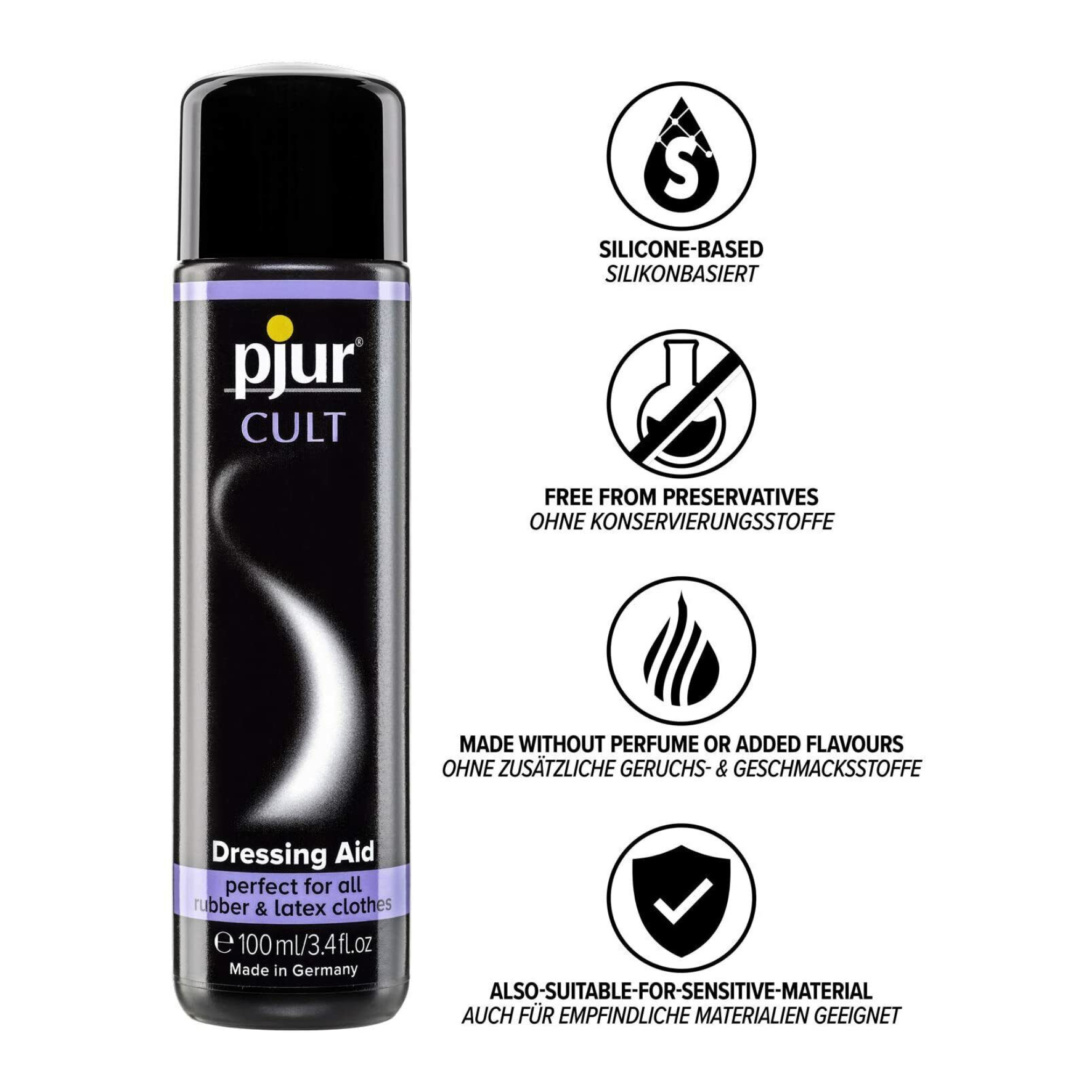 PUDRA LATEKSINIAMS DRABUŽIAMS “PJUR CULT DRESSING AID & CONDITIONER” - 100 ML  
“Pjur Cult Dressing Aid & Conditioner” tai Jūsų  pagalbininkas lengvam ir greitam fetišo aprangos apsirengimui  bei maloniam drabužių pojūčiui ant kūno. 
Atraskite šią revoliucinę formulę, kuri  padės lengviau įsisprausti į aptemptus guminius ir lateksinius drabužius , net jei turite daug kūno plaukelių.  
Ši  išbandyta ir patikrinta  priemonė yra  bekvapė ir savo sudėtyje neturi  konservantų, vandens, kvapiklių, aliejaus bei kitų riebalų.  
Kaip naudoti?  
Prieš apsirengdami įtrinkite priemonę į kūną, kol oda bus gerai sutepta. Reikiamas kiekis priklausys nuo kūno plaukuotumo.